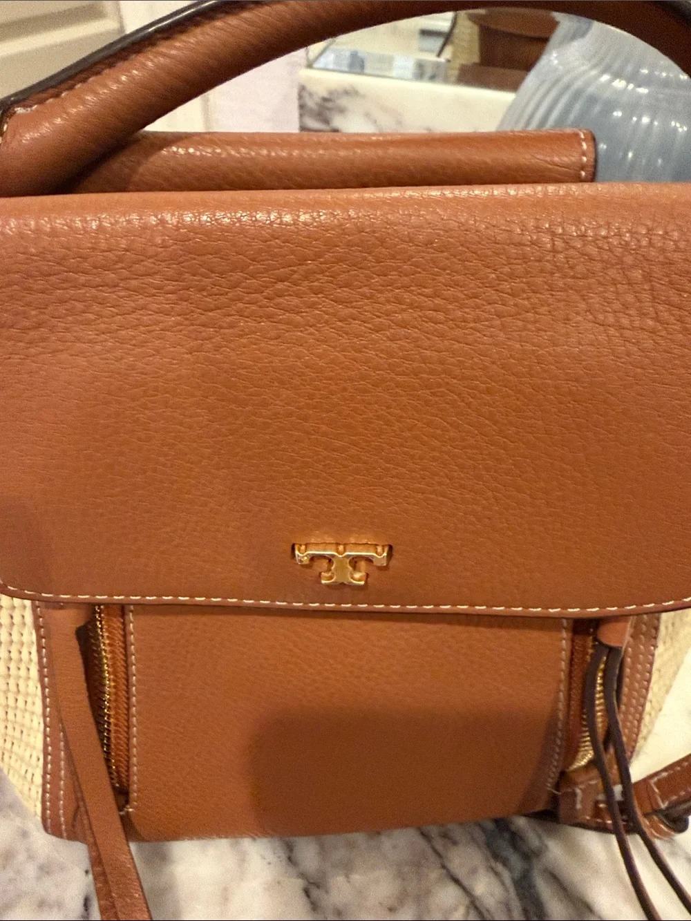 Tory Burch Tan Leather & Cream Woven Crossbody Satchel